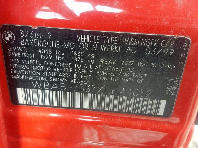 WBABF7337XEH44052 - 1999 BMW 323 IS RED photo 10