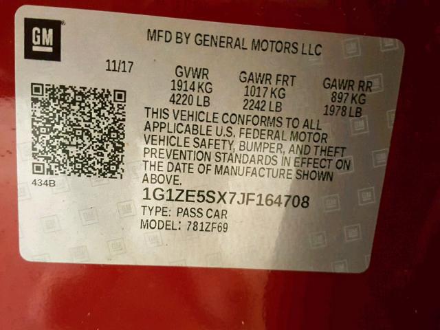 1G1ZE5SX7JF164708 - 2018 CHEVROLET MALIBU PRE RED photo 10