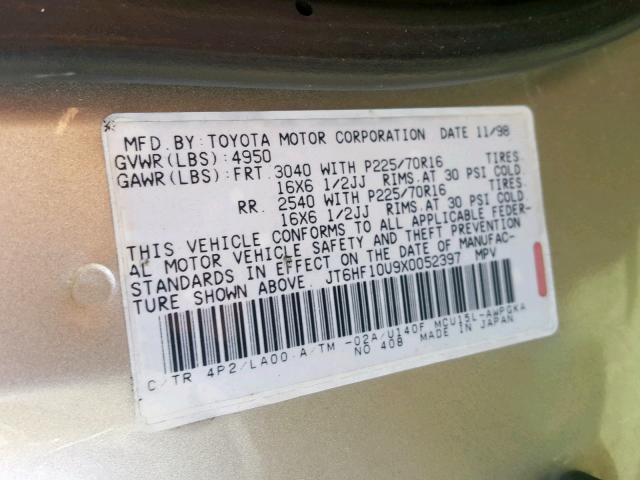 JT6HF10U9X0052397 - 1999 LEXUS RX 300 GRAY photo 10