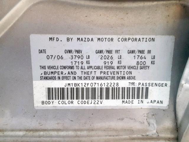 JM1BK12F071612228 - 2007 MAZDA 3 I GRAY photo 10