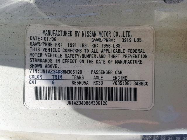 JN1AZ34D86M306120 - 2006 NISSAN 350Z COUPE WHITE photo 10