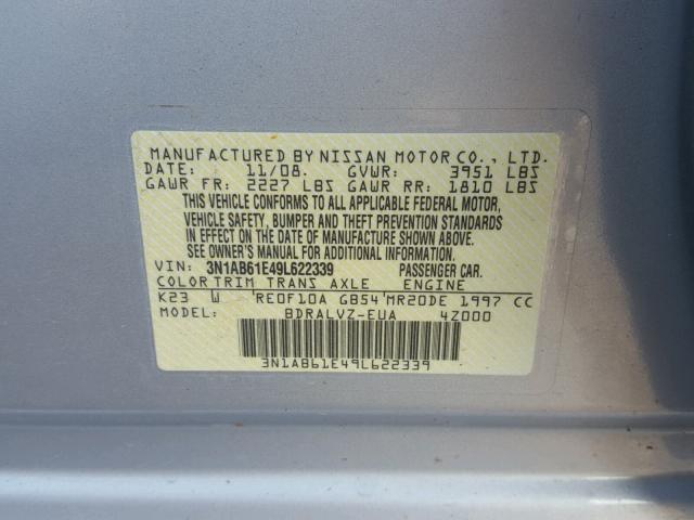 3N1AB61E49L622339 - 2009 NISSAN SENTRA 2.0 SILVER photo 10