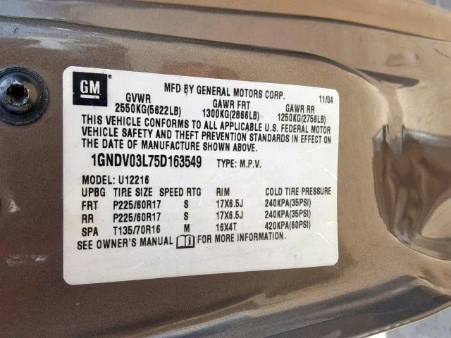 1GNDV03L75D163549 - 2005 CHEVROLET UPLANDER BROWN photo 10