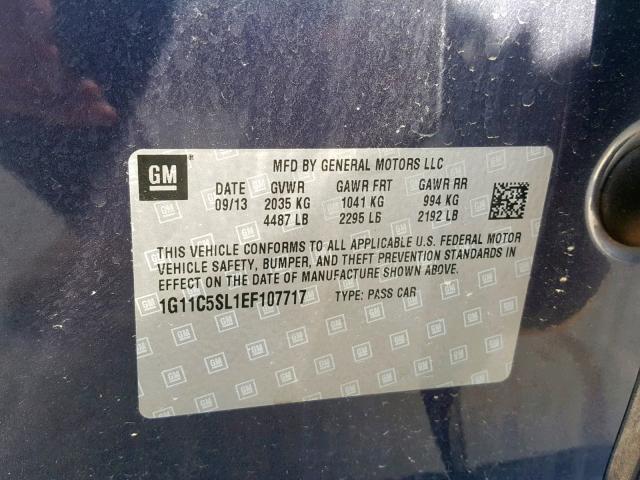 1G11C5SL1EF107717 - 2014 CHEVROLET MALIBU 1LT BLUE photo 10