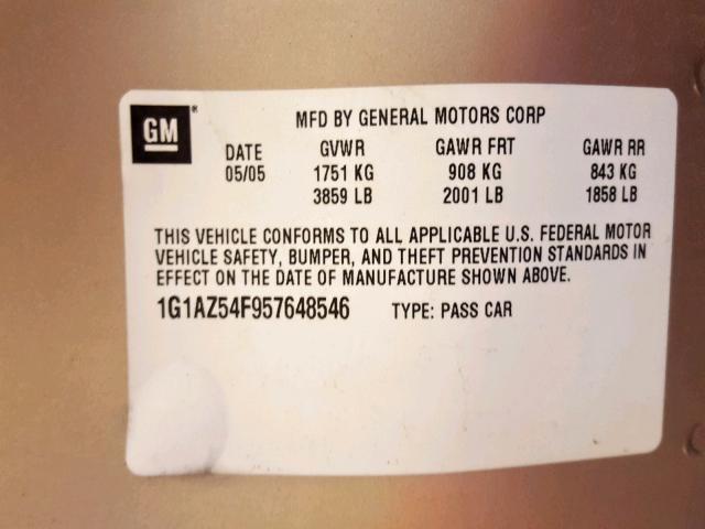 1G1AZ54F957648546 - 2005 CHEVROLET COBALT LT GOLD photo 10