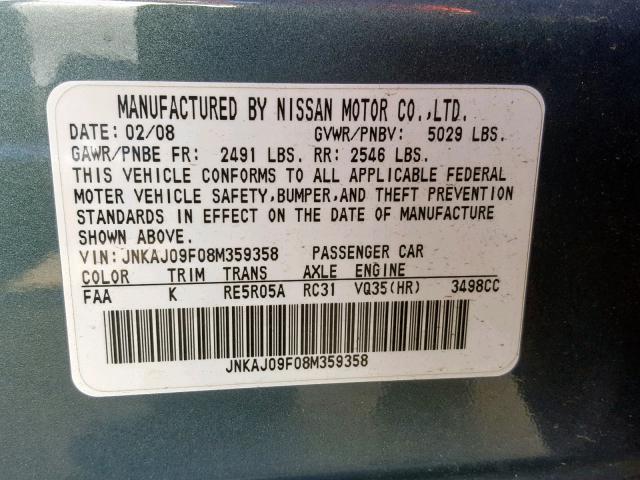 JNKAJ09F08M359358 - 2008 INFINITI EX35 BASE BLUE photo 10