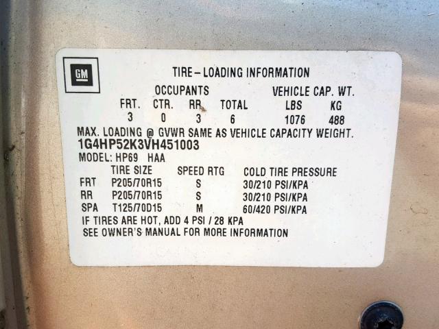 1G4HP52K3VH451003 - 1997 BUICK LESABRE CU BEIGE photo 10