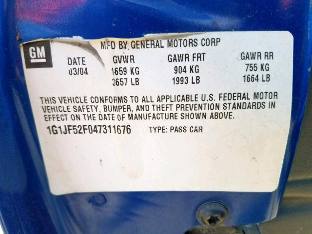 1G1JF52F047311676 - 2004 CHEVROLET CAVALIER L BLUE photo 10