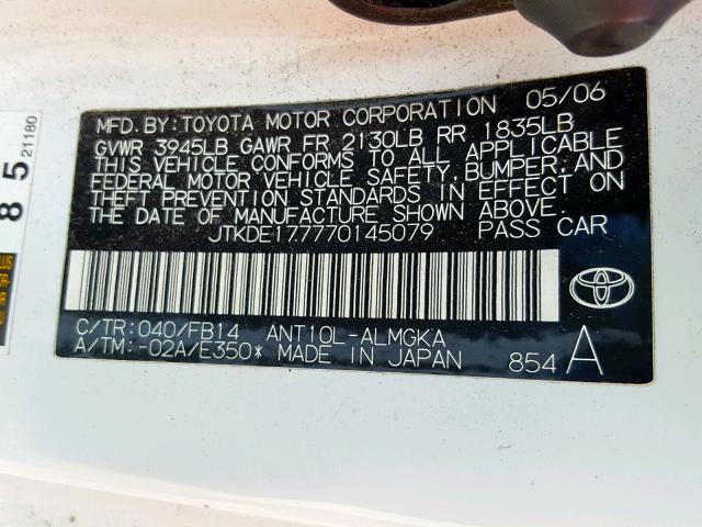 JTKDE177770145079 - 2007 TOYOTA SCION TC WHITE photo 10
