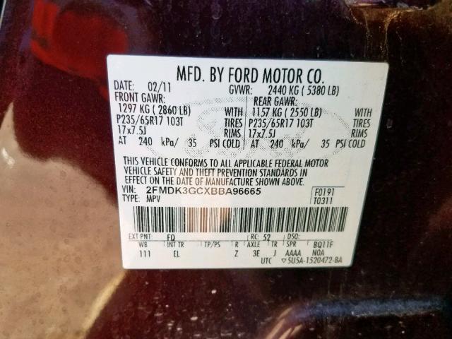 2FMDK3GCXBBA96665 - 2011 FORD EDGE SE BURGUNDY photo 10