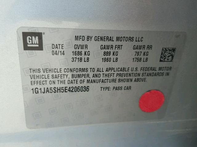 1G1JA5SH5E4206036 - 2014 CHEVROLET SONIC LS 银色 照片 10