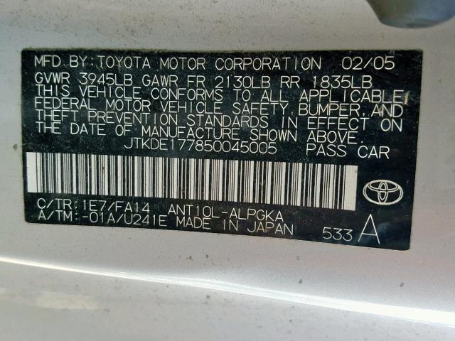 JTKDE177850045005 - 2005 TOYOTA SCION TC SILVER photo 10