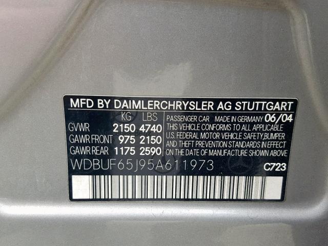 WDBUF65J95A611973 - 2005 MERCEDES-BENZ E 320 SILVER photo 10