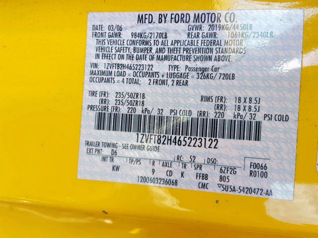 1ZVFT82H465223122 - 2006 FORD MUSTANG GT YELLOW photo 10