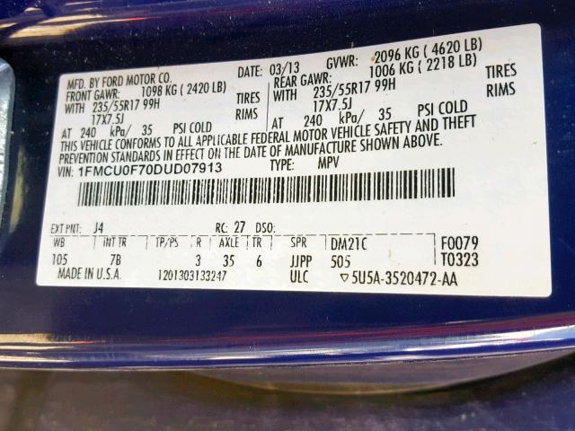 1FMCU0F70DUD07913 - 2013 FORD ESCAPE S BLUE photo 10