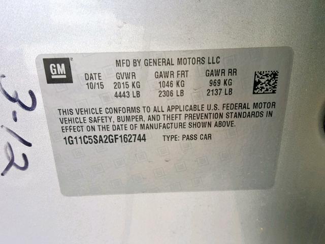 1G11C5SA2GF162744 - 2016 CHEVROLET MALIBU LIM SILVER photo 10