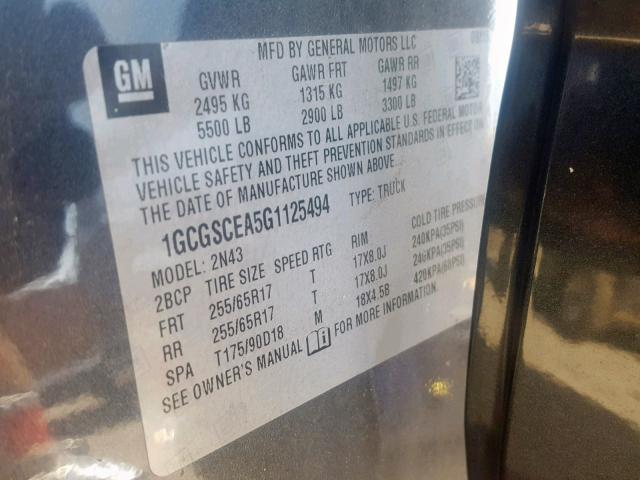 1GCGSCEA5G1125494 - 2016 CHEVROLET COLORADO L GRAY photo 10