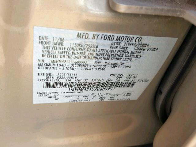 1MEHM42127G609997 - 2007 MERCURY MONTEGO PR თაფლისფერი ფოტო 10