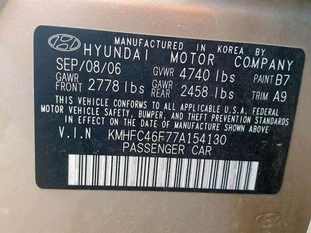 KMHFC46F77A154130 - 2007 HYUNDAI AZERA SE GOLD photo 10