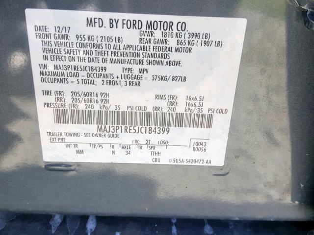 MAJ3P1RE5JC184399 - 2018 FORD ECOSPORT S CHARCOAL photo 10