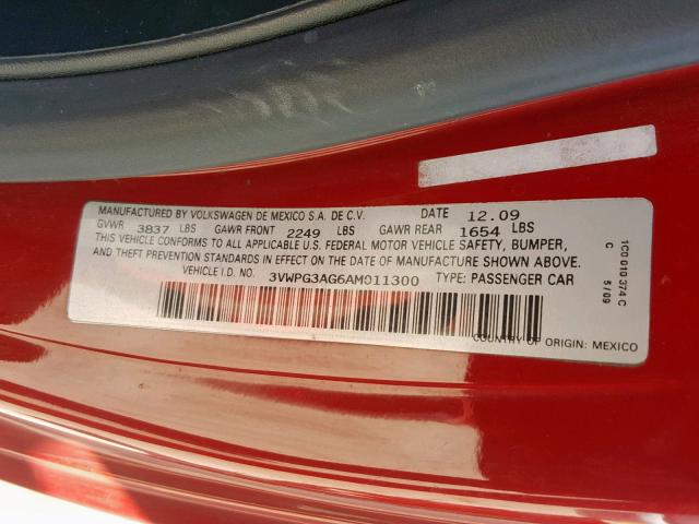 3VWPG3AG6AM011300 - 2010 VOLKSWAGEN NEW BEETLE RED photo 10