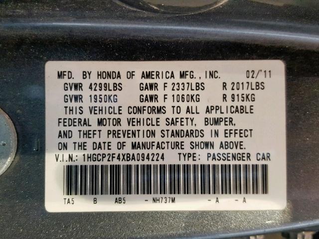 1HGCP2F4XBA094224 - 2011 HONDA ACCORD LXP GRAY photo 10