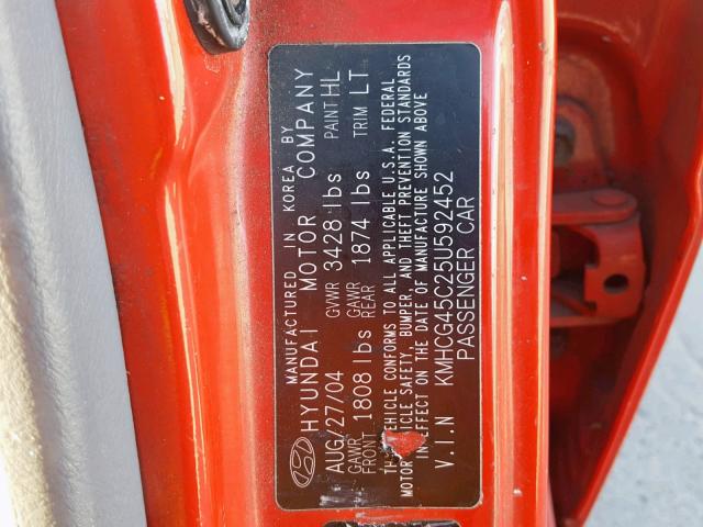 KMHCG45C25U592452 - 2005 HYUNDAI ACCENT GL RED photo 10