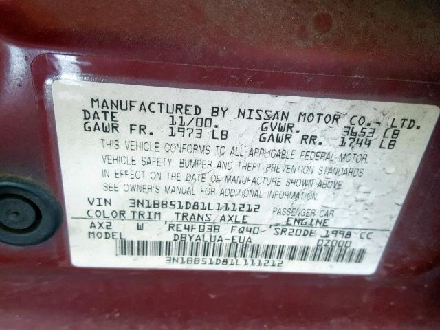 3N1BB51D81L111212 - 2001 NISSAN SENTRA SE BURGUNDY photo 10