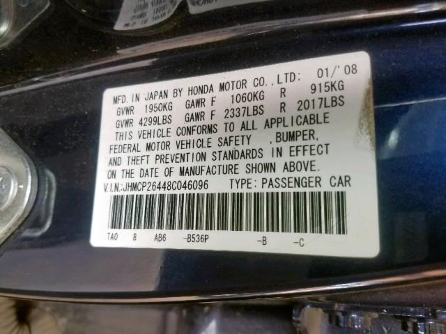 JHMCP26448C046096 - 2008 HONDA ACCORD LXP BLUE photo 10