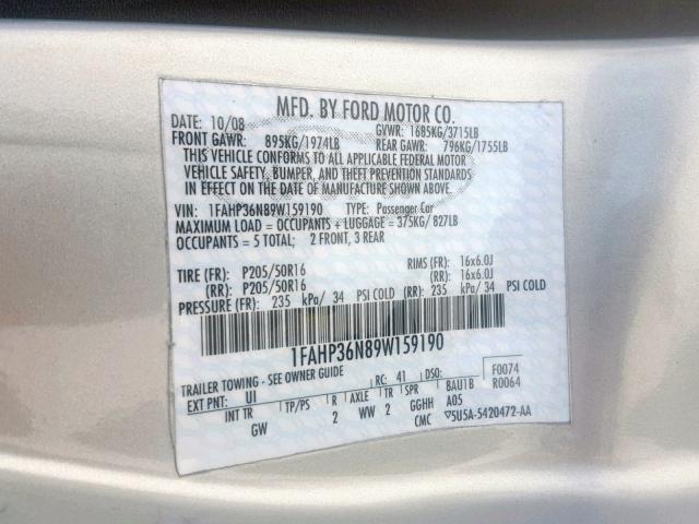 1FAHP36N89W159190 - 2009 FORD FOCUS SES SILVER photo 10