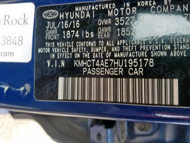 KMHCT4AE7HU195178 - 2017 HYUNDAI ACCENT SE BLUE photo 10