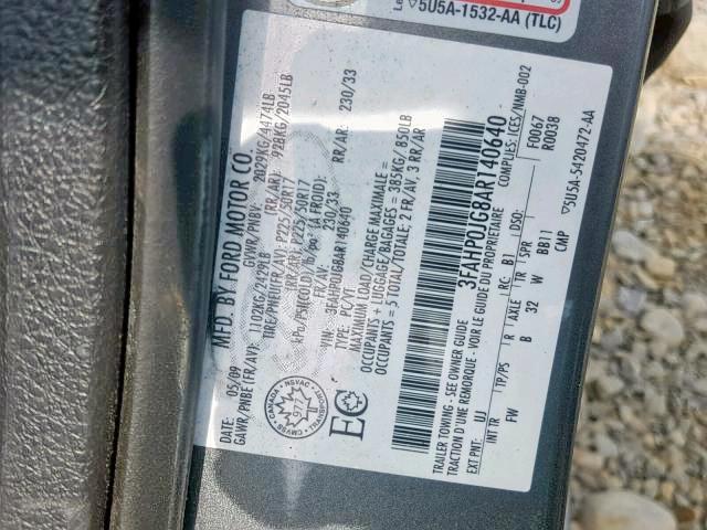 3FAHP0JG8AR140640 - 2010 FORD FUSION SEL GRAY photo 9