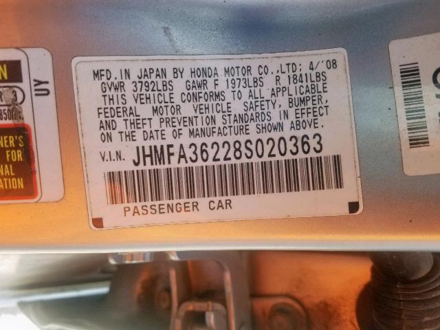 JHMFA36228S020363 - 2008 HONDA CIVIC HYBR SILVER photo 10