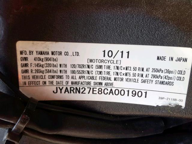 JYARN27E8CA001901 - 2012 YAMAHA FZ8 N BLACK photo 10