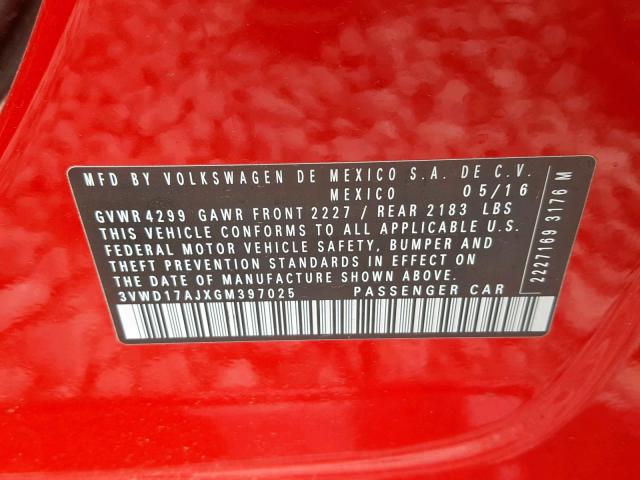 3VWD17AJXGM397025 - 2016 VOLKSWAGEN JETTA SPOR RED photo 10