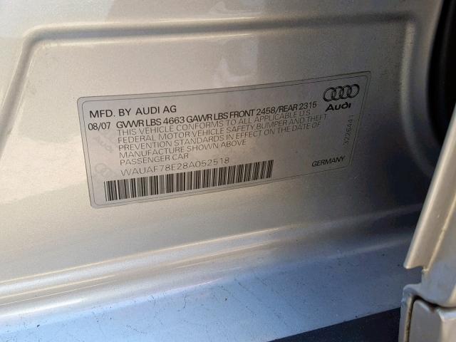 WAUAF78E28A052518 - 2008 AUDI A4 2.0T SILVER photo 10