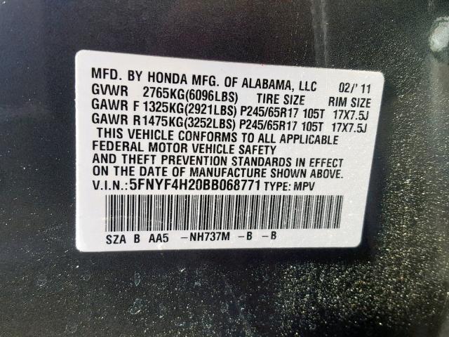 5FNYF4H20BB068771 - 2011 HONDA PILOT LX GRAY photo 10