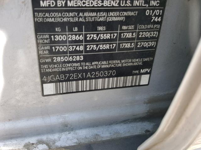 4JGAB72EX1A250370 - 2001 MERCEDES-BENZ ML 430 SILVER photo 10