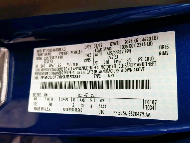 1FMCU0F78KUB53285 - 2019 FORD ESCAPE S BLUE photo 10