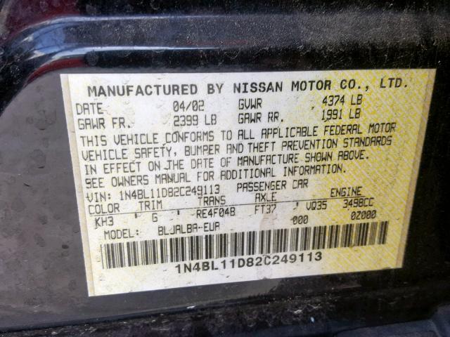 1N4BL11D82C249113 - 2002 NISSAN ALTIMA SE BLACK photo 10