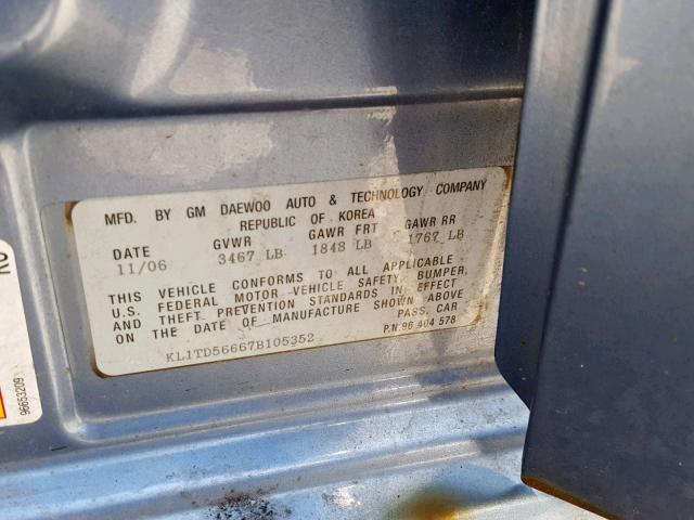 KL1TD56667B105352 - 2007 CHEVROLET AVEO BASE Көк фото 10