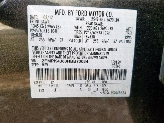 2FMPK4J83HBB73084 - 2017 FORD EDGE SEL SILVER photo 10