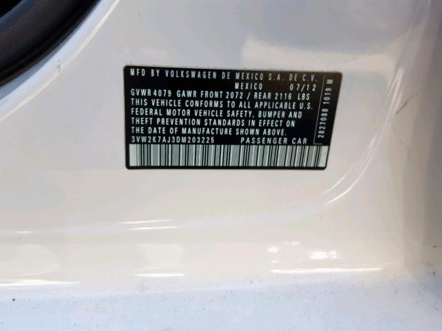 3VW2K7AJ3DM203225 - 2013 VOLKSWAGEN JETTA BASE WHITE photo 10