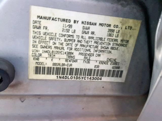 1N4DL01D5YC143004 - 2000 NISSAN ALTIMA XE GRAY photo 10