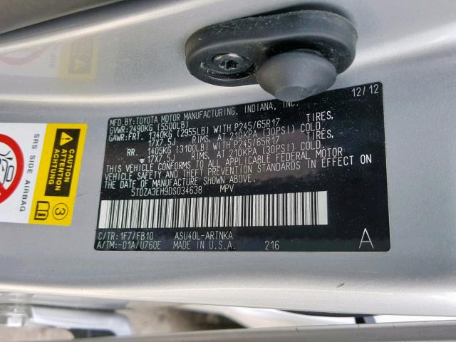 5TDZA3EH9DS034638 - 2013 TOYOTA HIGHLANDER SILVER photo 10