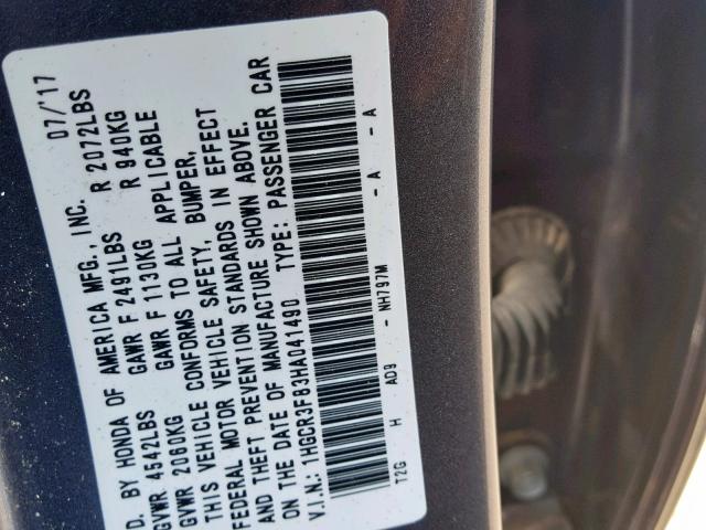 1HGCR3F83HA041490 - 2017 HONDA ACCORD EXL GRAY photo 10