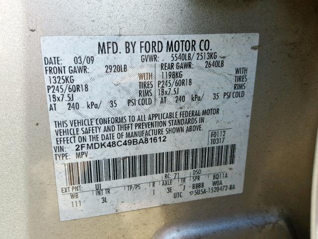 2FMDK48C49BA81612 - 2009 FORD EDGE SEL SILVER photo 10