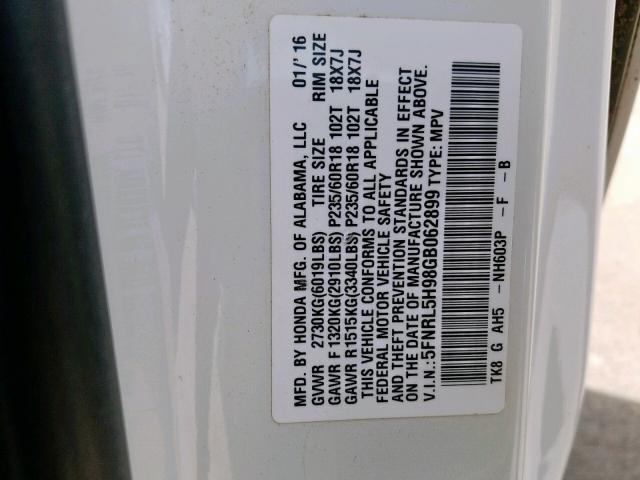 5FNRL5H98GB062899 - 2016 HONDA ODYSSEY TO WHITE photo 10