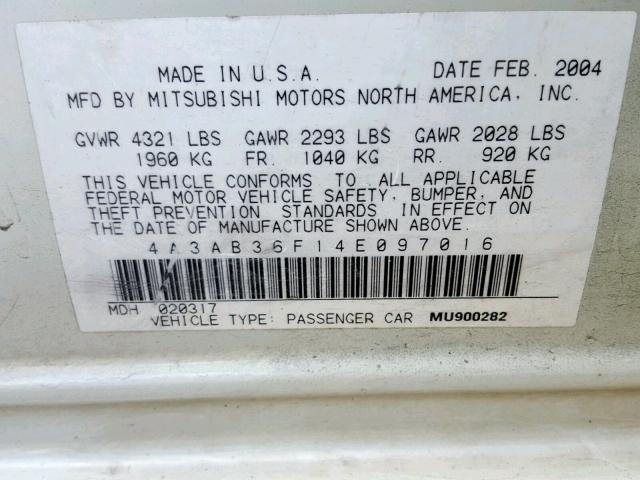 4A3AB36F14E097016 - 2004 MITSUBISHI GALANT ES WHITE photo 10