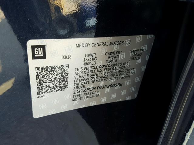 1G1ZB5ST9JF200386 - 2018 CHEVROLET MALIBU LS BLUE photo 10